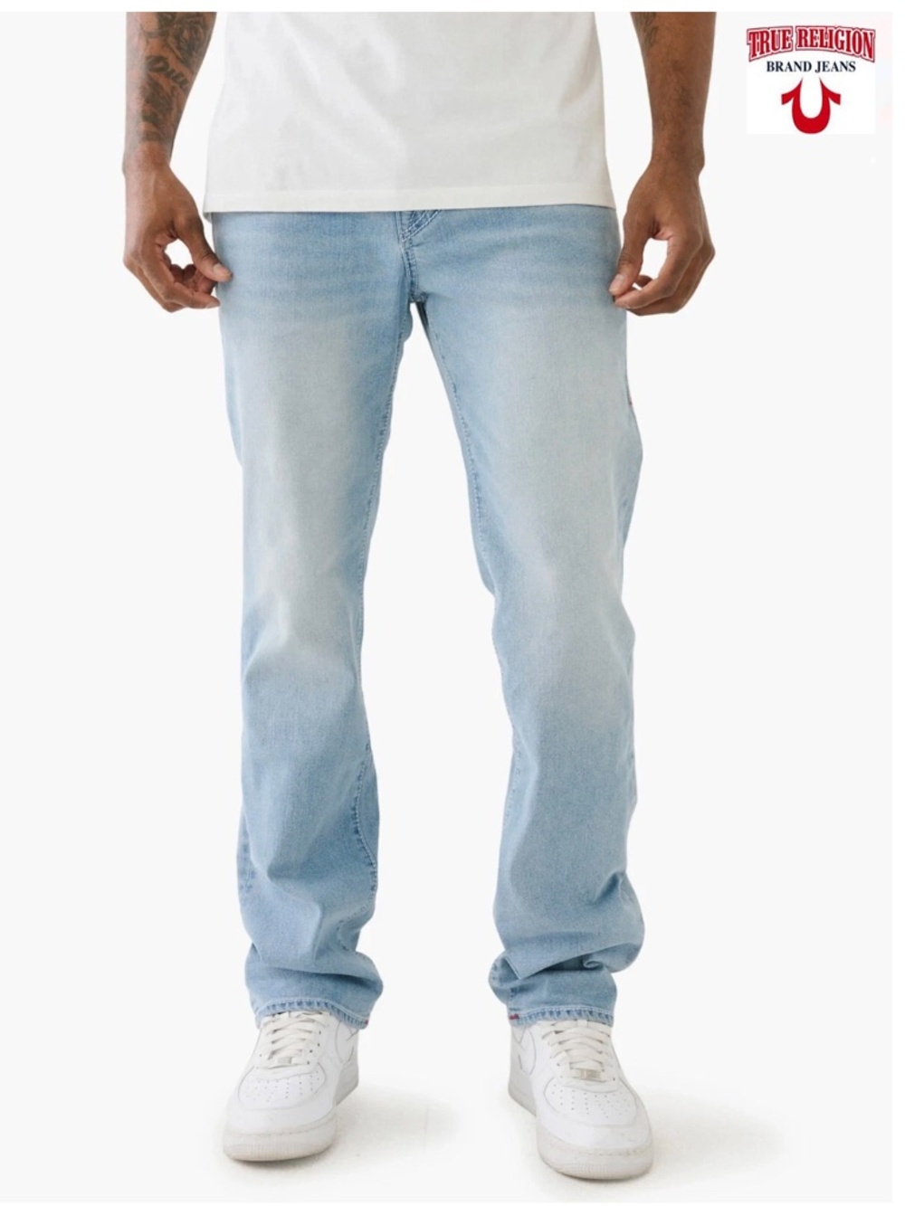 TRUE RELIGION RICKY BIG T FLAP STRAIGHT LIGHT RAINY WASH JEAN. SIZE 32X32.5
